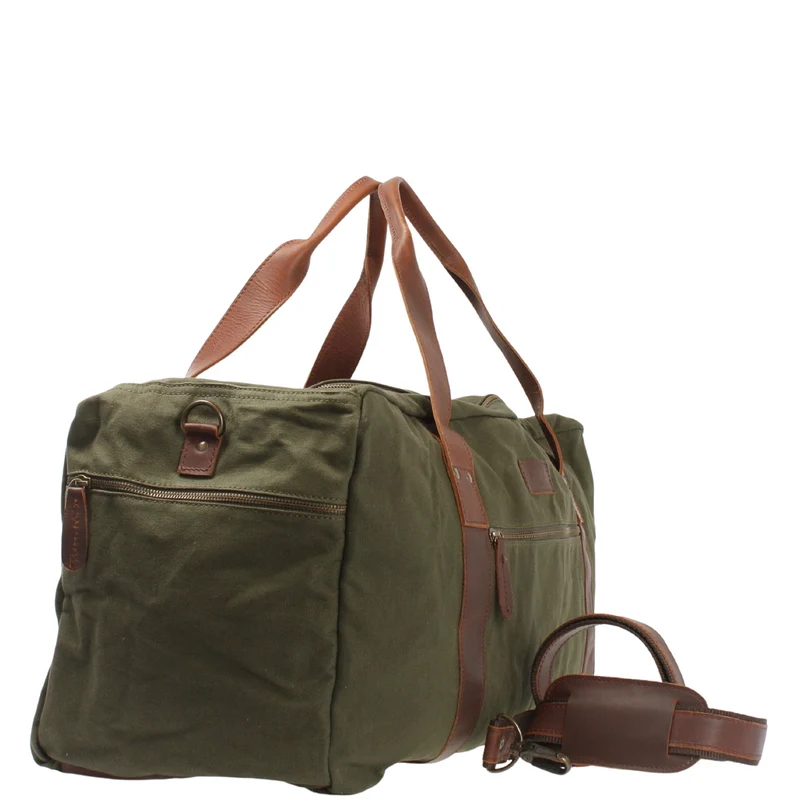 großer Weekender Sporttasche Reisetasche Damen Herren Leder Canvas 60cm grün LE2025