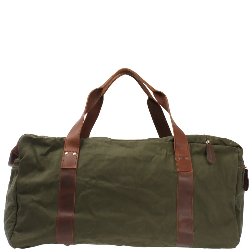 großer Weekender Sporttasche Reisetasche Damen Herren Leder Canvas 60cm grün LE2025