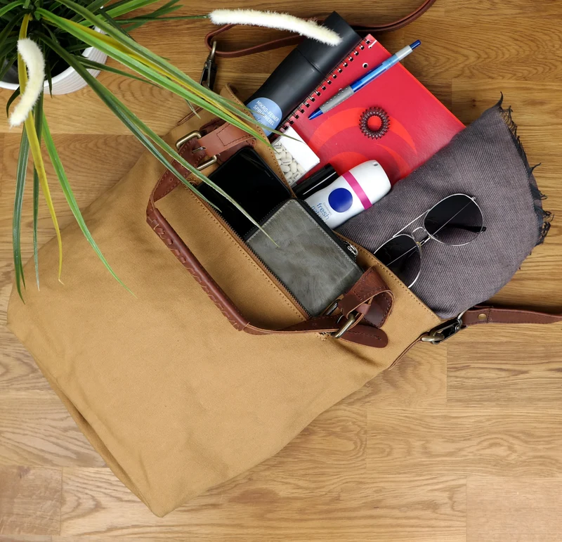 Schultertasche Umhängetasche Henkeltasche Shopper Damentasche Canvas Leder cognac LE0054