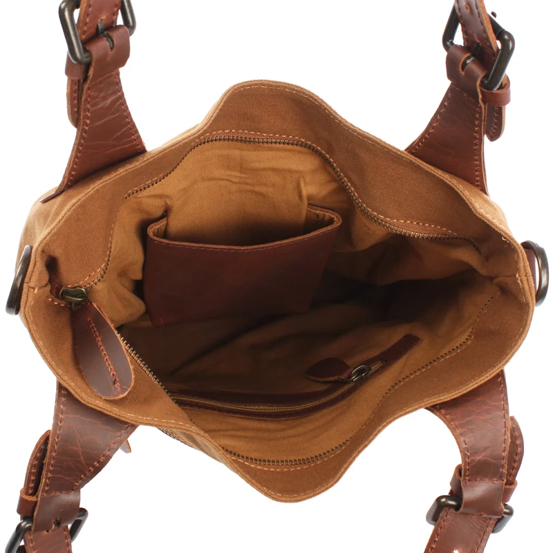 Schultertasche Umhängetasche Henkeltasche Shopper Damentasche Canvas Leder cognac LE0054