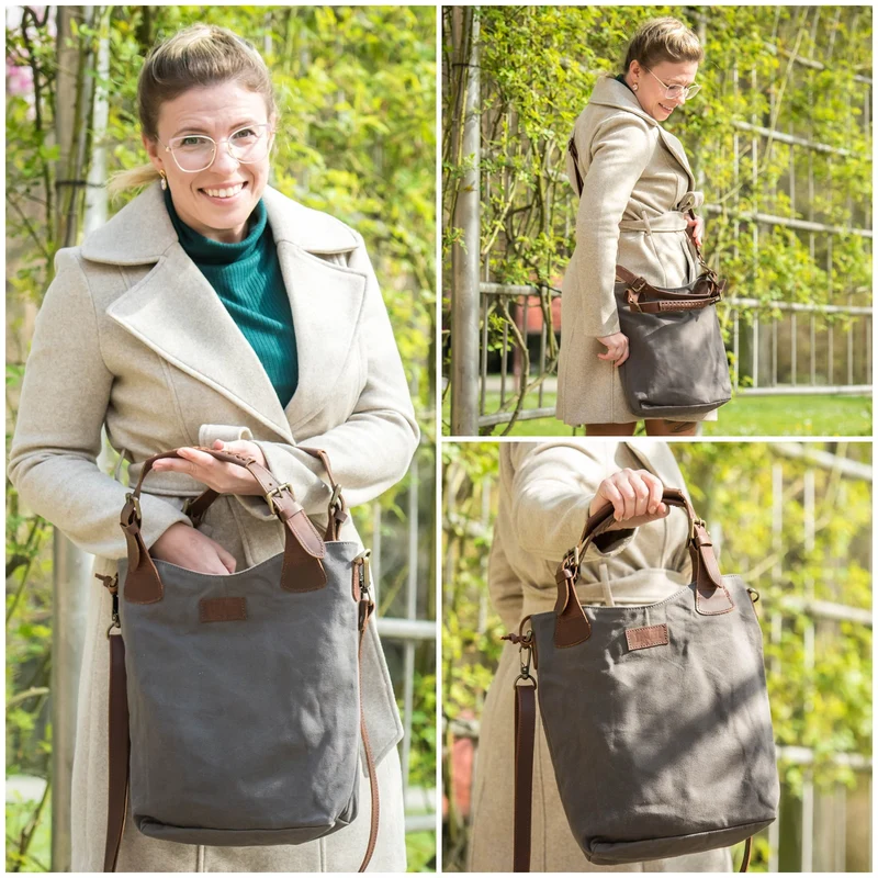 Schultertasche Umhängetasche Henkeltasche Shopper Damentasche Canvas Leder grau LE0054