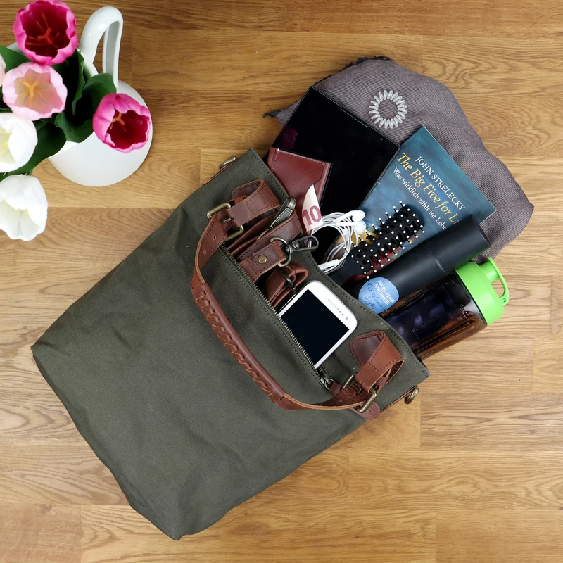 Schultertasche Umhängetasche Henkeltasche Shopper Damentasche Canvas Leder grün LE0054