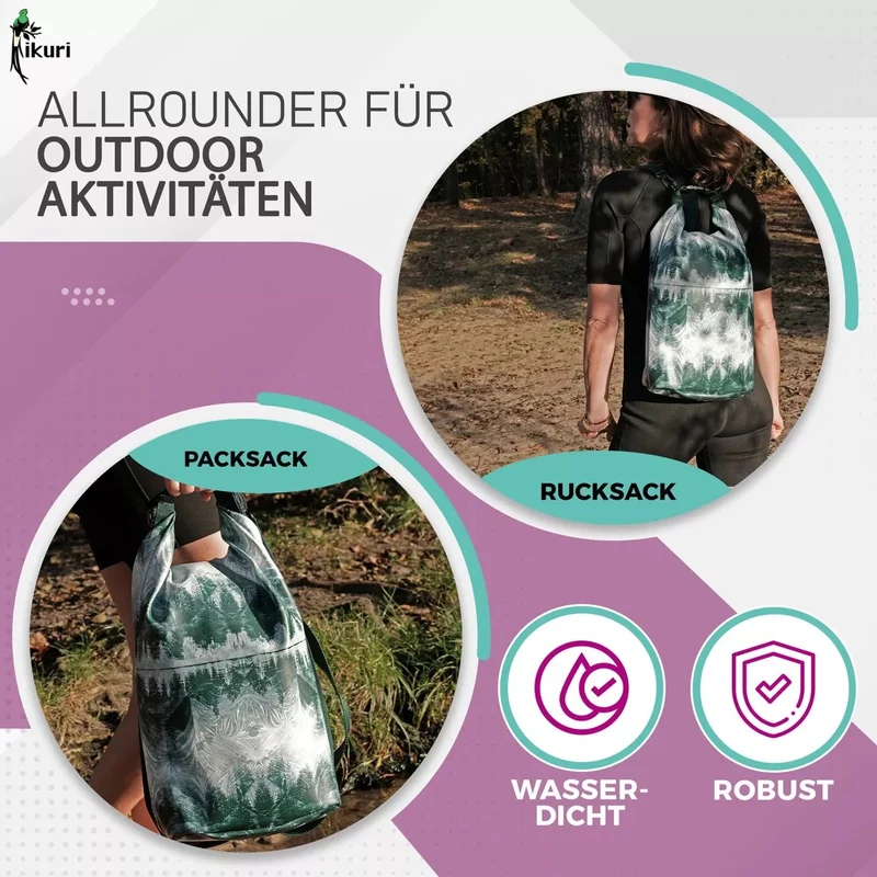 IKURI Drybag Pinos – wasserdicht, Rolltop, als Rucksack tragbar