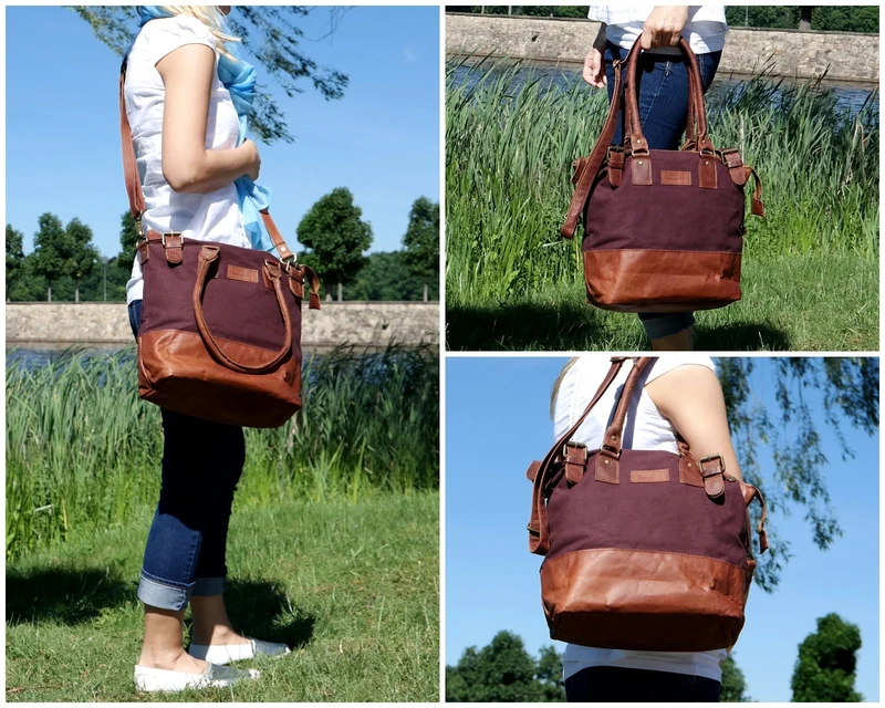 Schultertasche Handtasche kleiner Shopper Leder Canvas bordeaux LE0056