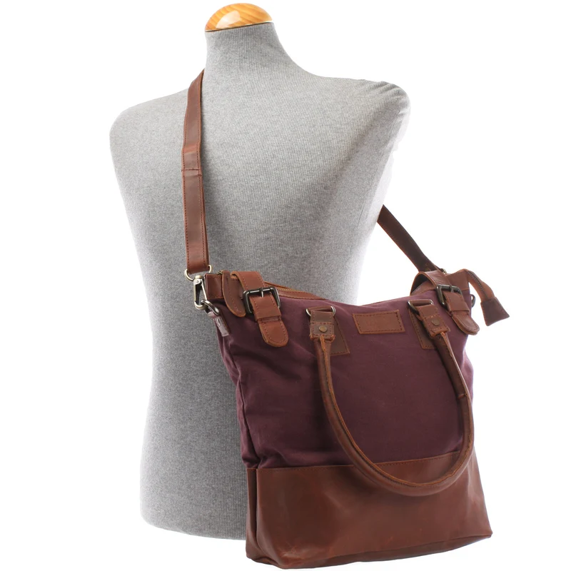 Schultertasche Handtasche kleiner Shopper Leder Canvas bordeaux LE0056