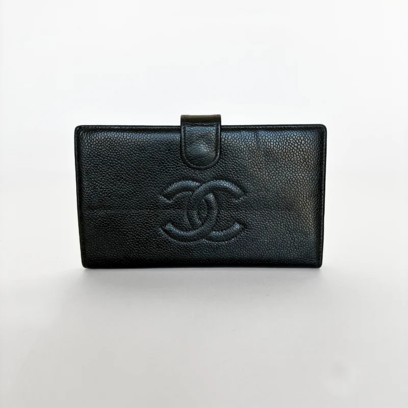 Chanel CC French Long Wallet aus schwarzem Kaviarleder