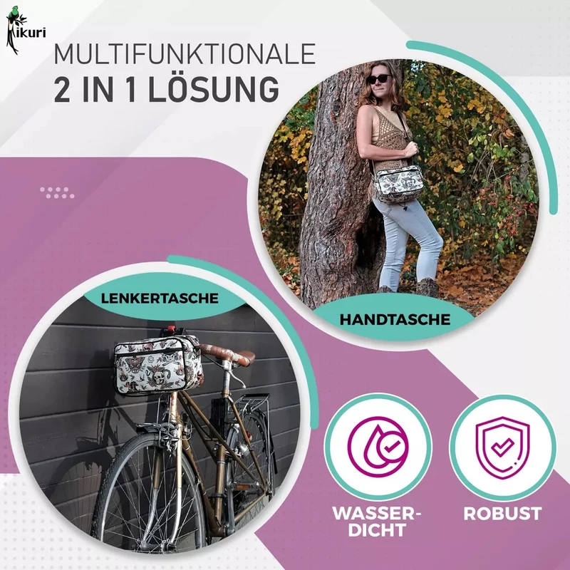 IKURI Lenkertasche Cowgirl – wasserdicht, Lenker & Schulter, handgefertigt