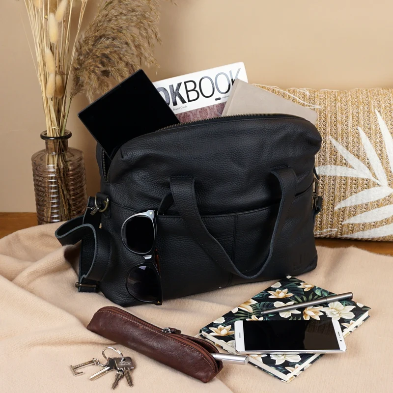 große Schultertasche Henkeltasche Shopper DIN A4 Handtasche Damen Leder schwarz LE0059