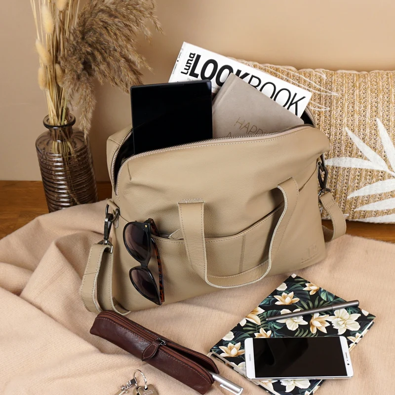 große Schultertasche Henkeltasche Shopper DIN A4 Handtasche Damen Leder sand LE0059