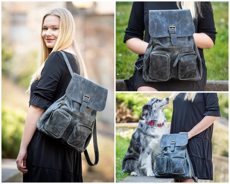 Rucksack Freizeitrucksack vintage Lederrucksack Damen Herren Leder grau LE1008