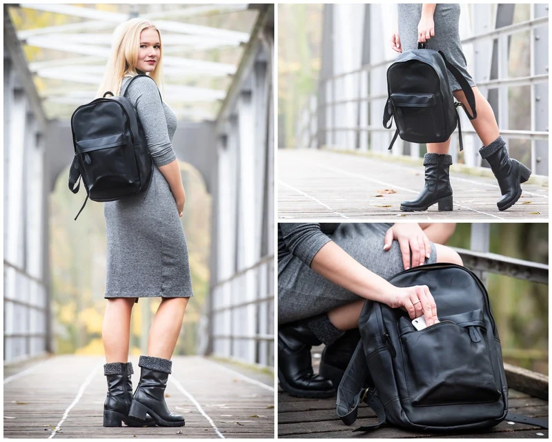 Rucksack Lederrucksack Freizeitrucksack Damen Herren Leder schwarz LE1009