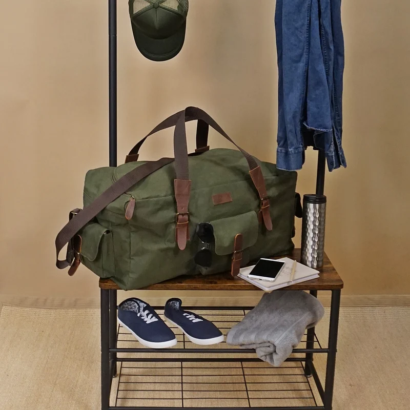großer Weekender Reisetasche Sporttasche Damen Herren Leder Canvas 60cm grün LE2019