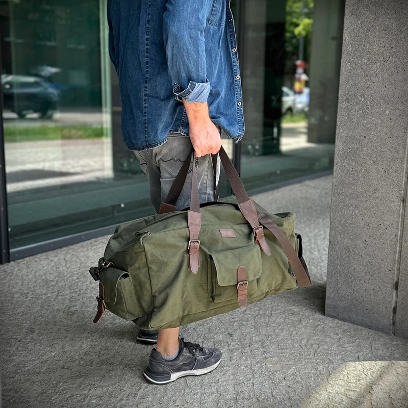 großer Weekender Reisetasche Sporttasche Damen Herren Leder Canvas 60cm grün LE2019