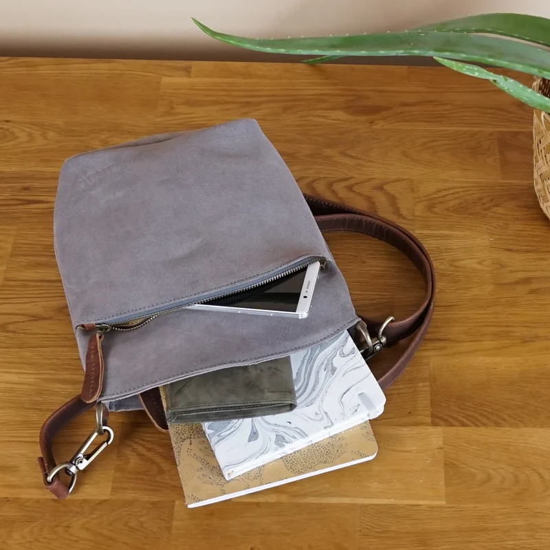kleine Umhängetasche Schultertasche Freizeittasche Wildleder grau LE3049