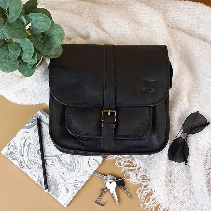 Umhängetasche Schultertasche Freizeittasche Büffelleder schwarz LE3085