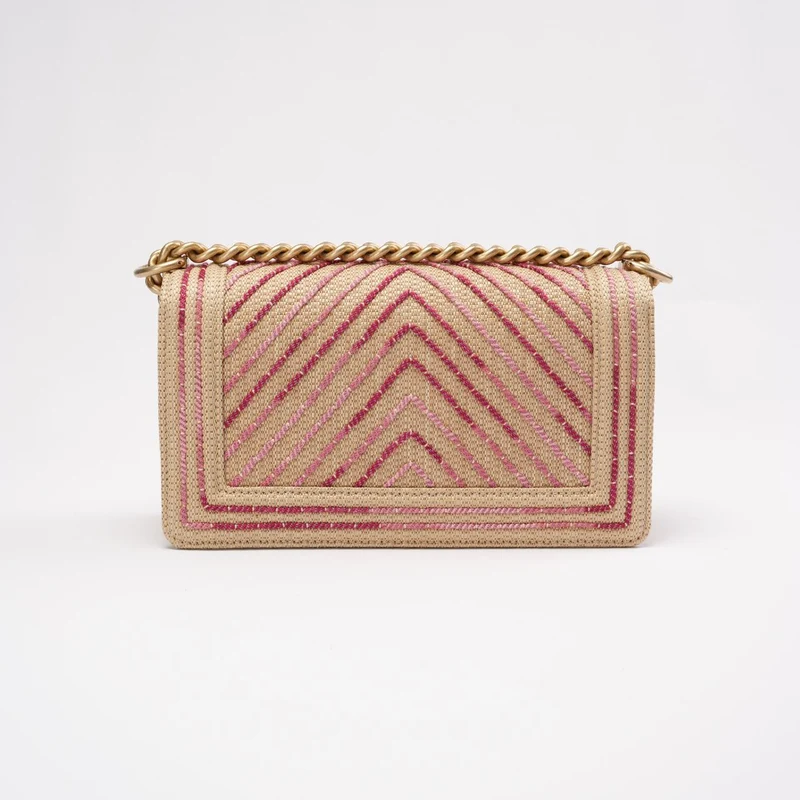 Chanel Medium Boy Flap Chevron Raffia & Leather Pink 2018