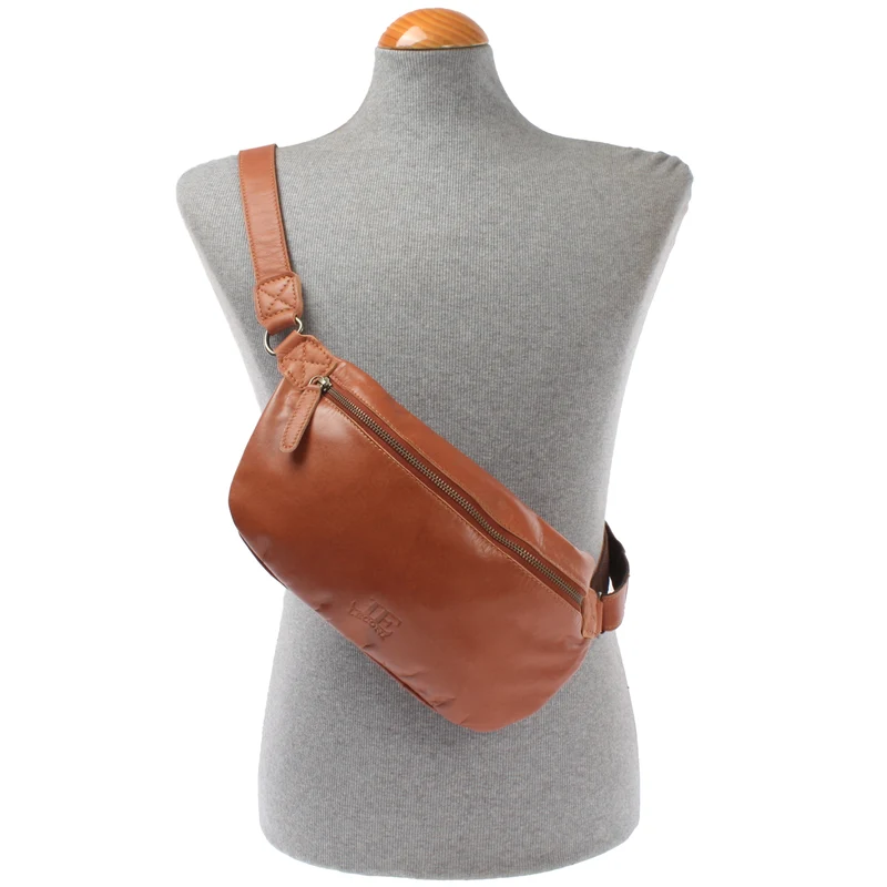 große Bauchtasche Umhängetasche Crossbody Ledertasche Leder cognac LE3087