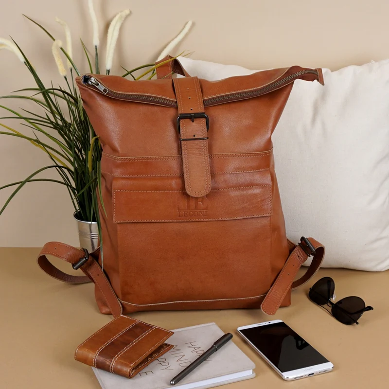 Roll Top Rucksack Lederrucksack Freizeitrucksack Damen Herren Leder cognac LE1025