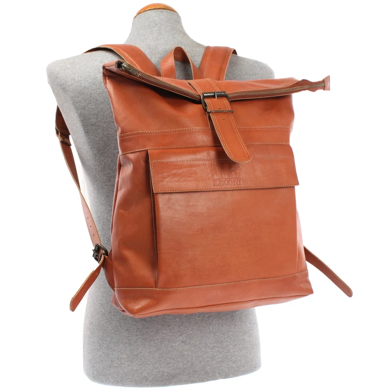 Roll Top Rucksack Lederrucksack Freizeitrucksack Damen Herren Leder cognac LE1025