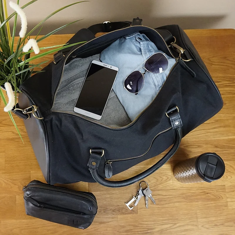 Weekender Reisetasche Sporttasche vintage Leder Canvas 53cm schwarz LE2004