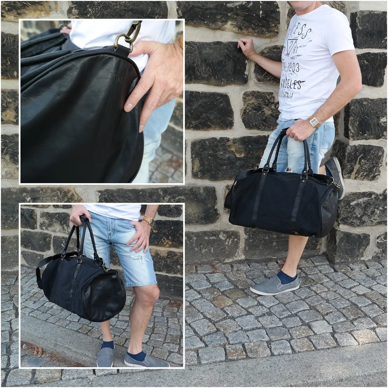 Weekender Reisetasche Sporttasche vintage Leder Canvas 53cm schwarz LE2004