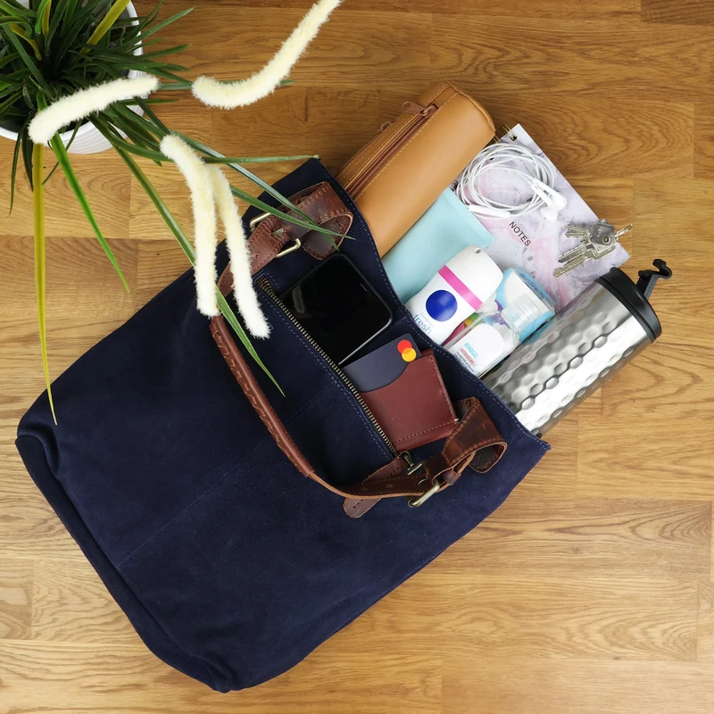 Henkeltasche Damentasche Veloursleder Leder navy LE0033