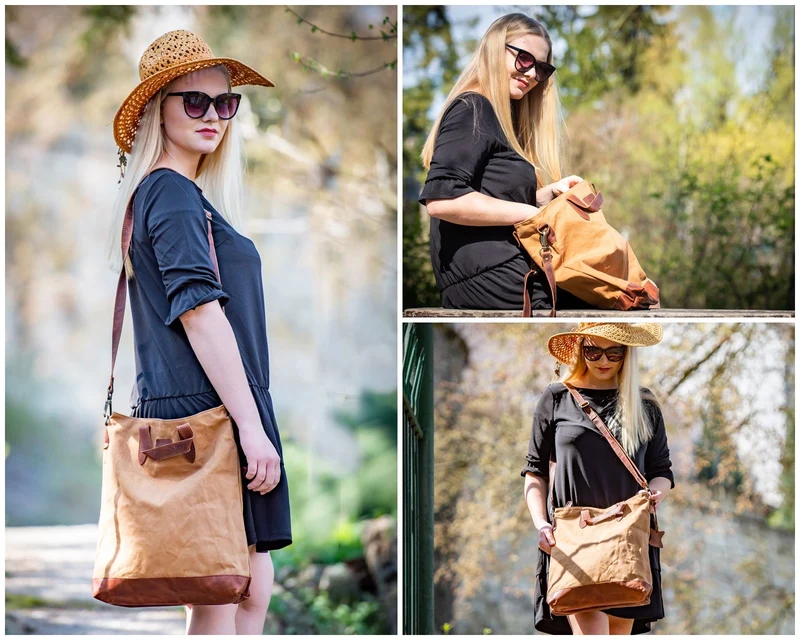 Shopper Henkeltasche Damen Canvas Leder cognac LE0037