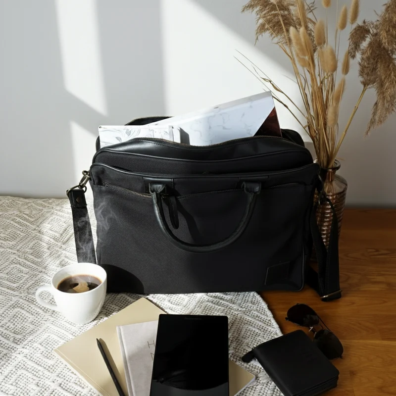 Aktentasche Handgepäck Trolleytasche Canvas Leder schwarz LE3066