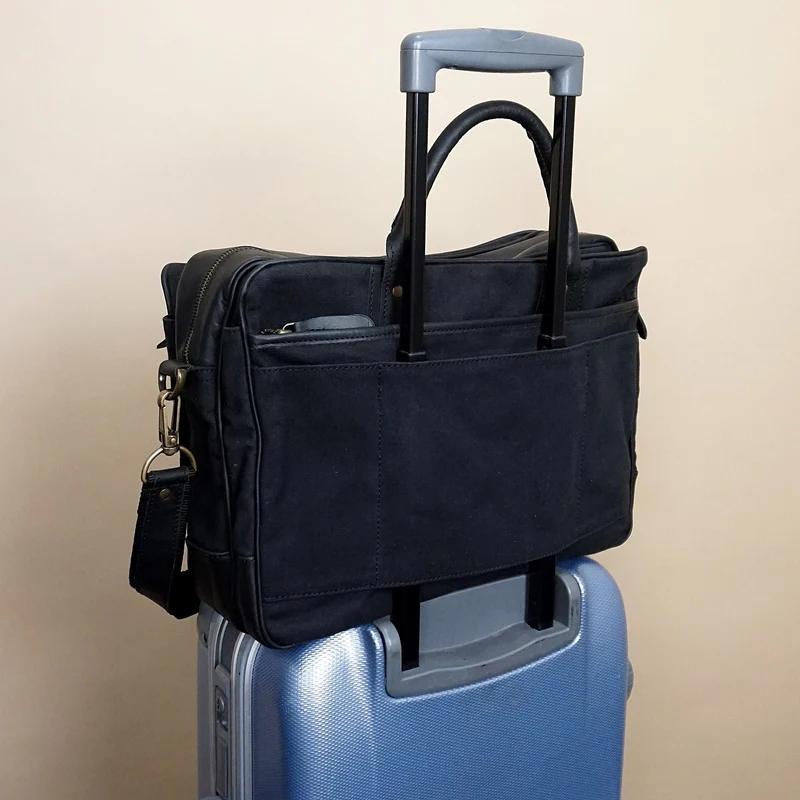 Aktentasche Handgepäck Trolleytasche Canvas Leder schwarz LE3066