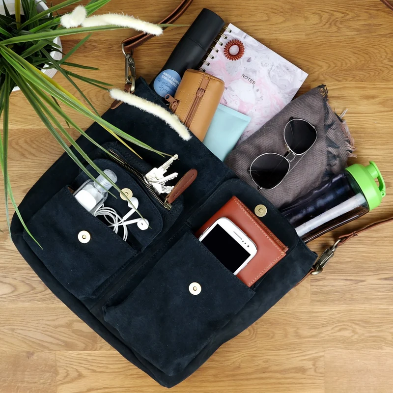 Schultertasche Umhängetasche Ledertasche Veloursleder anthrazit LE0039
