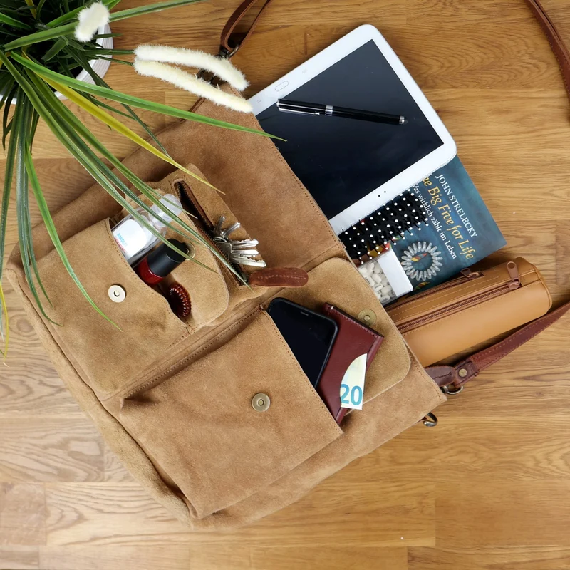 Schultertasche Umhängetasche Ledertasche Veloursleder cognac LE0039