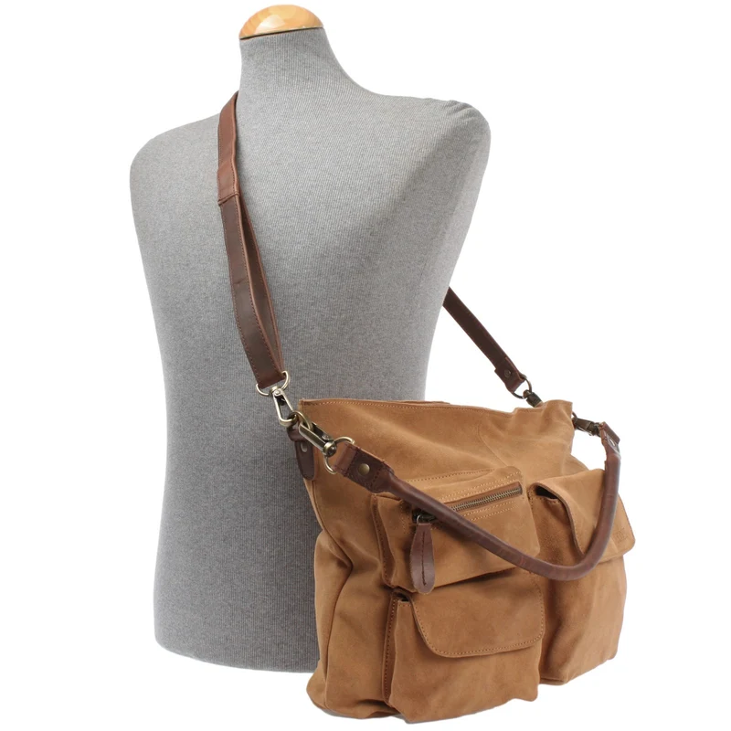 Schultertasche Umhängetasche Ledertasche Veloursleder cognac LE0039