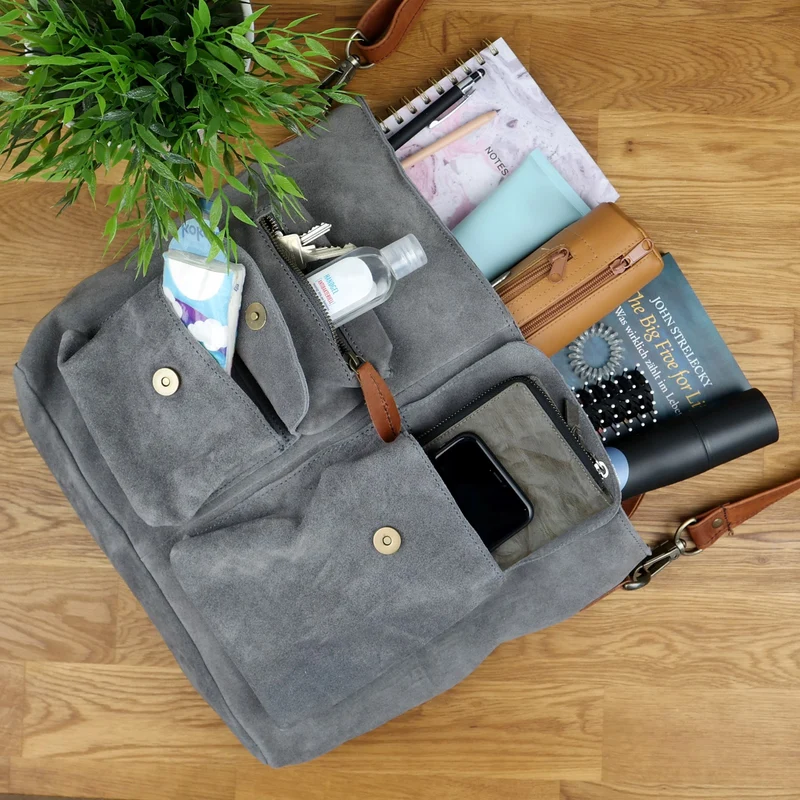 Schultertasche Umhängetasche Ledertasche Veloursleder grau LE0039