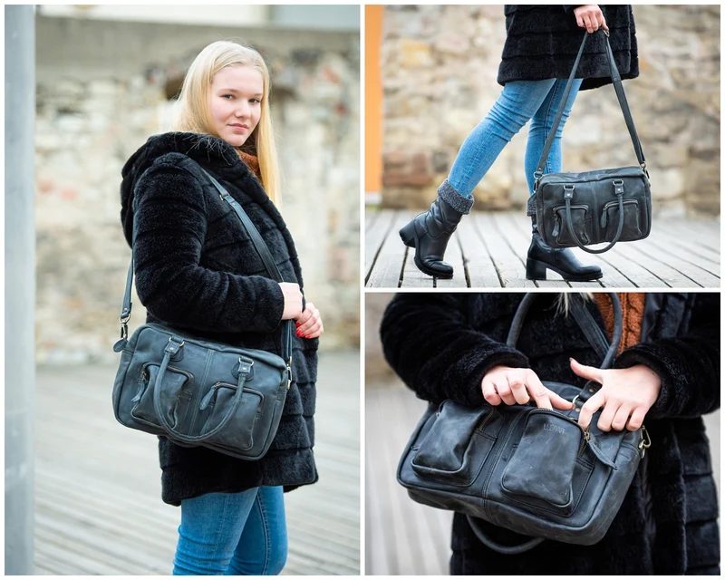 Schultertasche Handtasche Henkeltasche Damen Leder grau LE0046