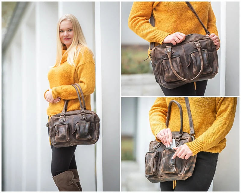 Schultertasche Handtasche Henkeltasche Damen Leder schlamm LE0046