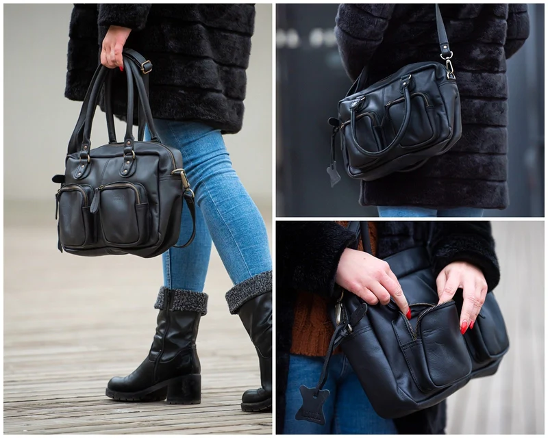 Schultertasche Handtasche Henkeltasche Damen Leder schwarz LE0046