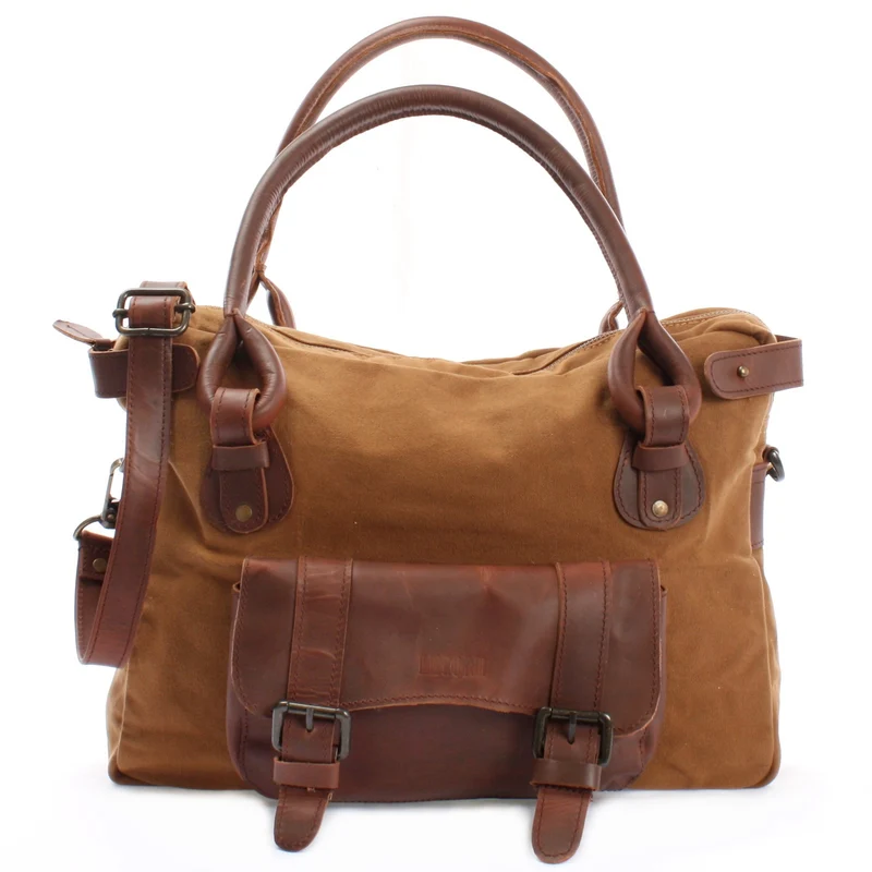 Schultertasche Henkeltasche Damentasche Handtasche Leder Canvas cognac LE0050