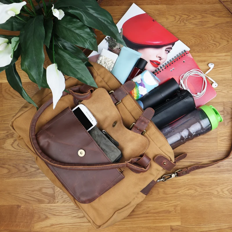 Schultertasche Henkeltasche Damentasche Handtasche Leder Canvas cognac LE0050