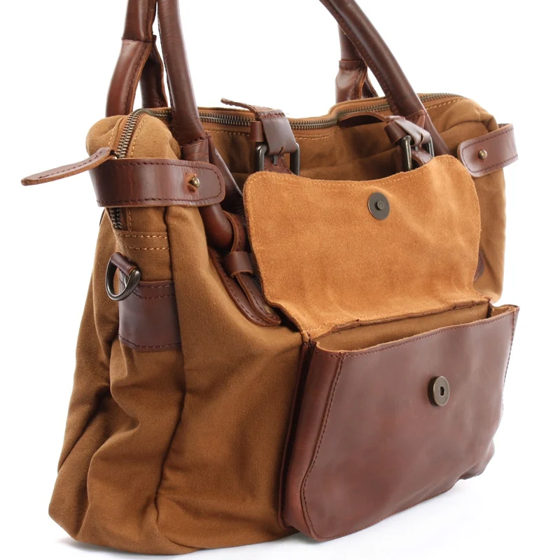 Schultertasche Henkeltasche Damentasche Handtasche Leder Canvas cognac LE0050