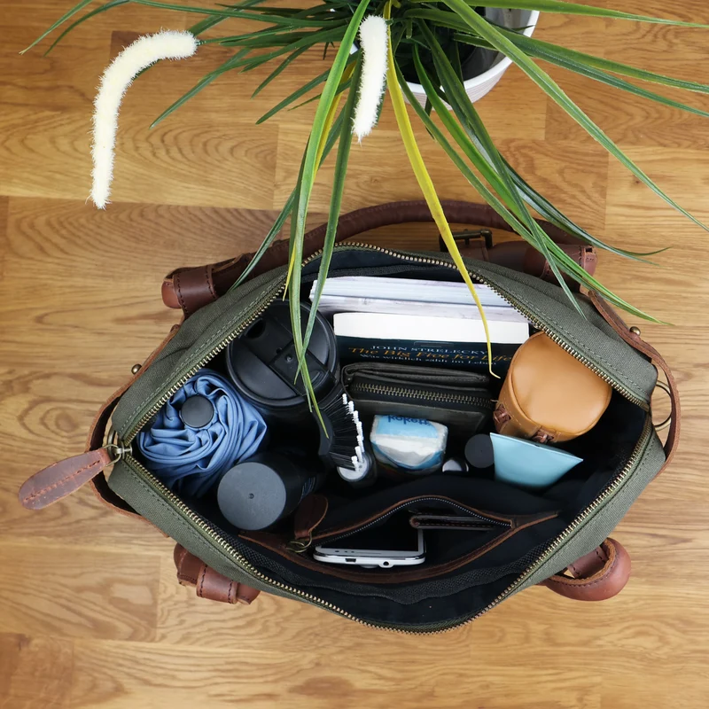 Schultertasche Henkeltasche Damentasche Handtasche Leder Canvas grün LE0050
