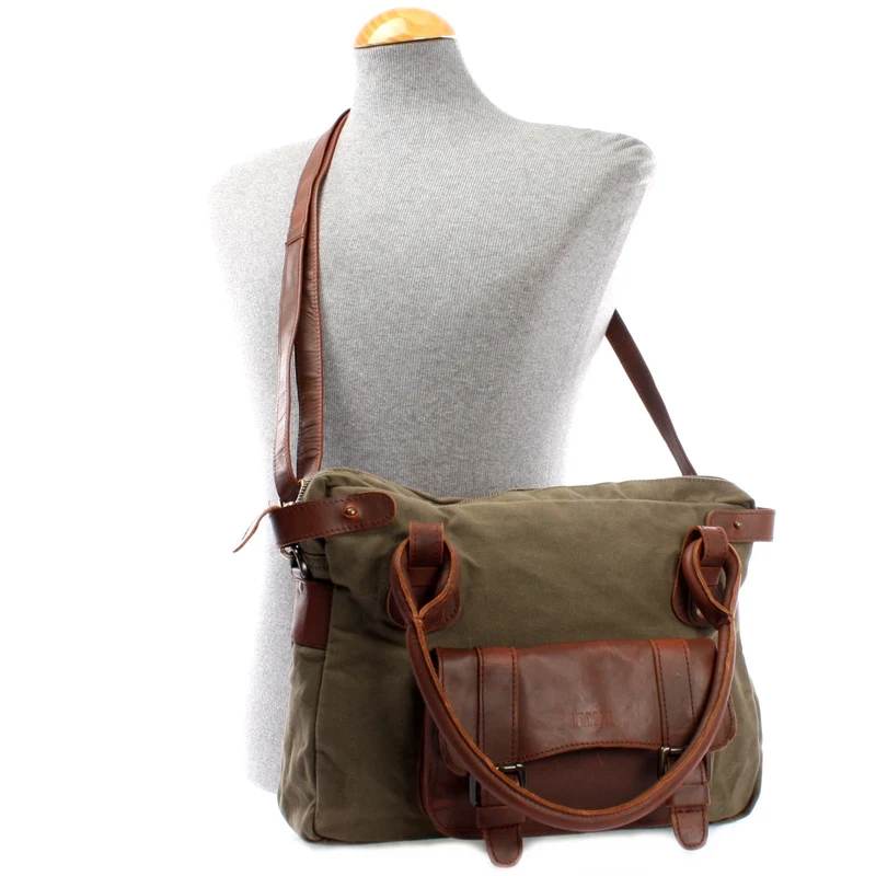 Schultertasche Henkeltasche Damentasche Handtasche Leder Canvas grün LE0050