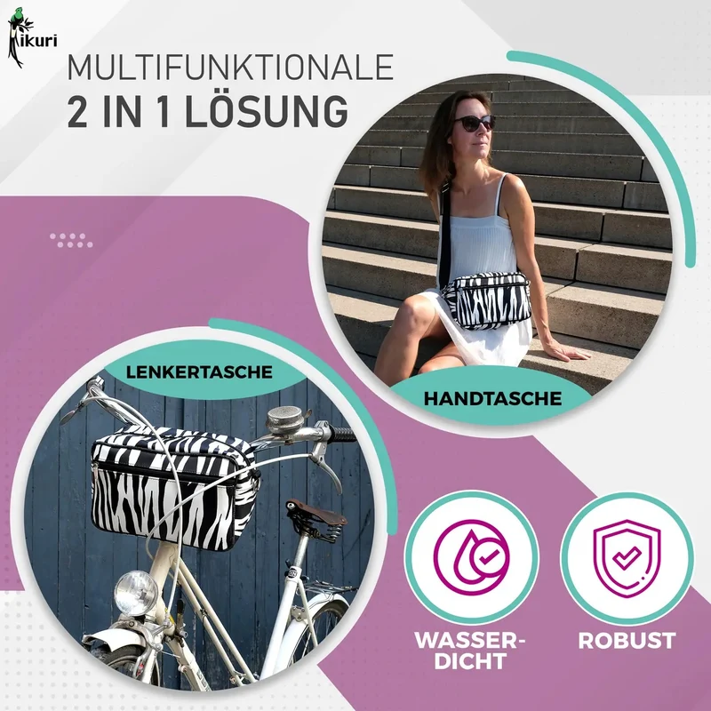 IKURI Lenkertasche Zebra – wasserdicht, Lenker & Schulter, handgefertigt