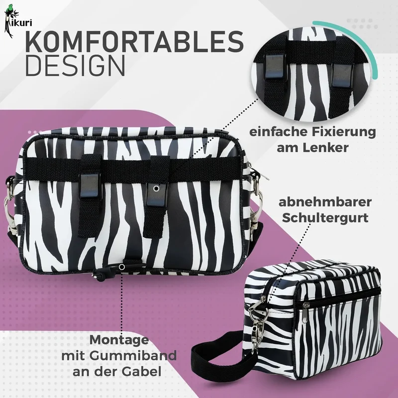 IKURI Lenkertasche Zebra – wasserdicht, Lenker & Schulter, handgefertigt