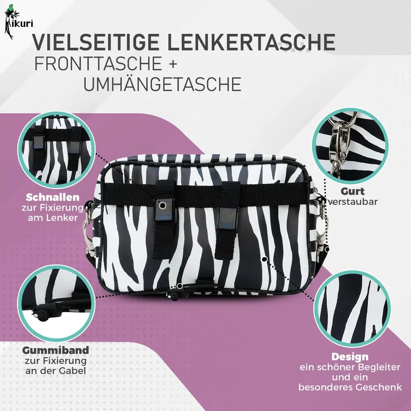 IKURI Lenkertasche Zebra – wasserdicht, Lenker & Schulter, handgefertigt