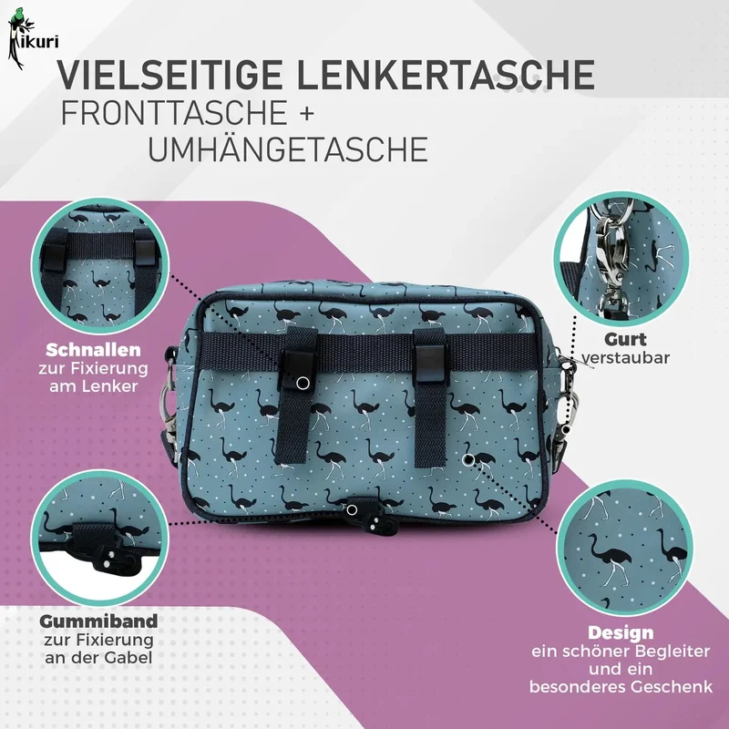 IKURI Lenkertasche Avestruz – wasserdicht, Lenker & Schulter, handgefertigt