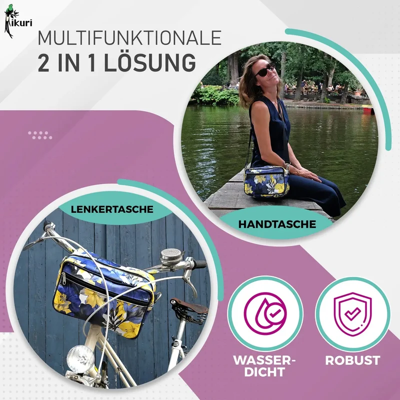 IKURI Lenkertasche Azucena – wasserdicht, Lenker & Schulter, handgefertigt