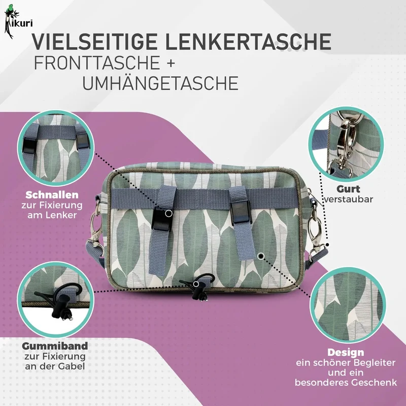 IKURI Lenkertasche Banana Leafs – wasserdicht, Lenker & Schulter, handgefertigt