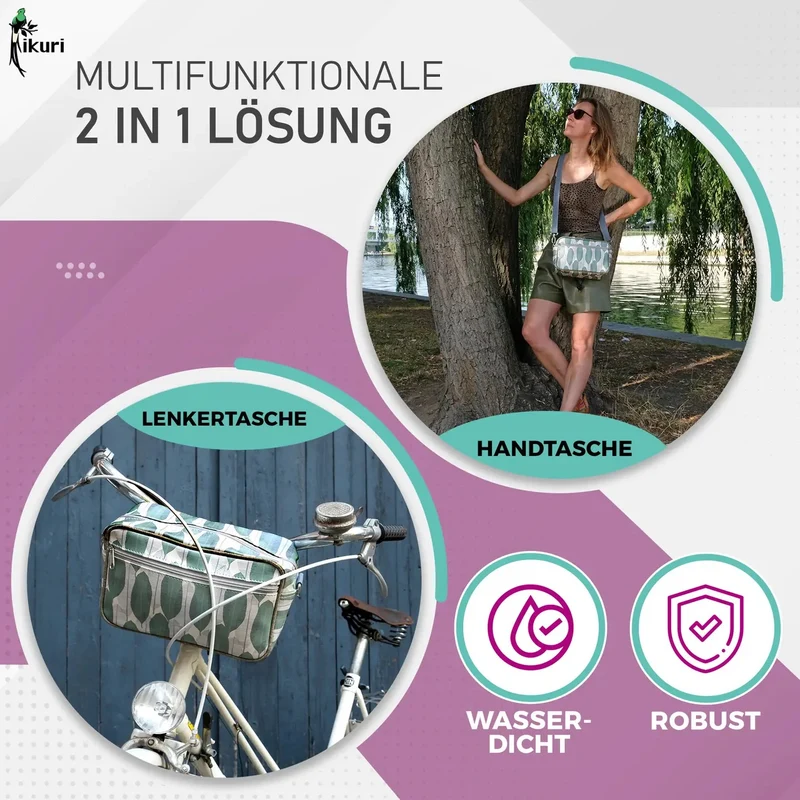 IKURI Lenkertasche Banana Leafs – wasserdicht, Lenker & Schulter, handgefertigt