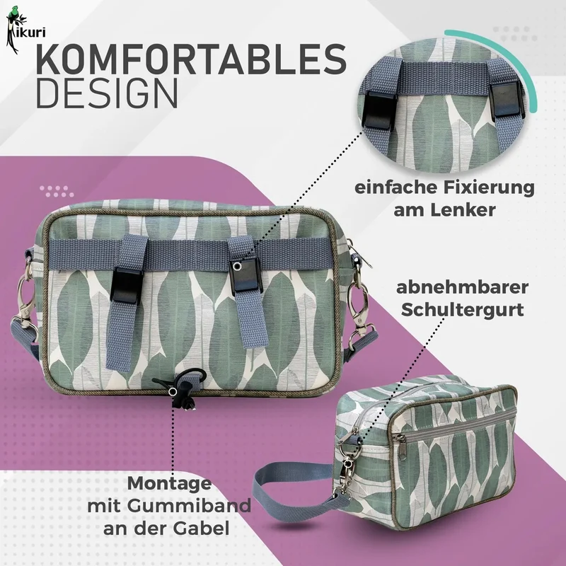IKURI Lenkertasche Banana Leafs – wasserdicht, Lenker & Schulter, handgefertigt