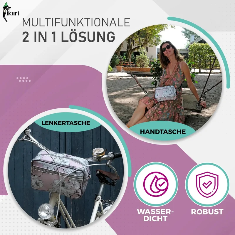 IKURI Lenkertasche Magnolia – wasserdicht, Lenker & Schulter, handgefertigt